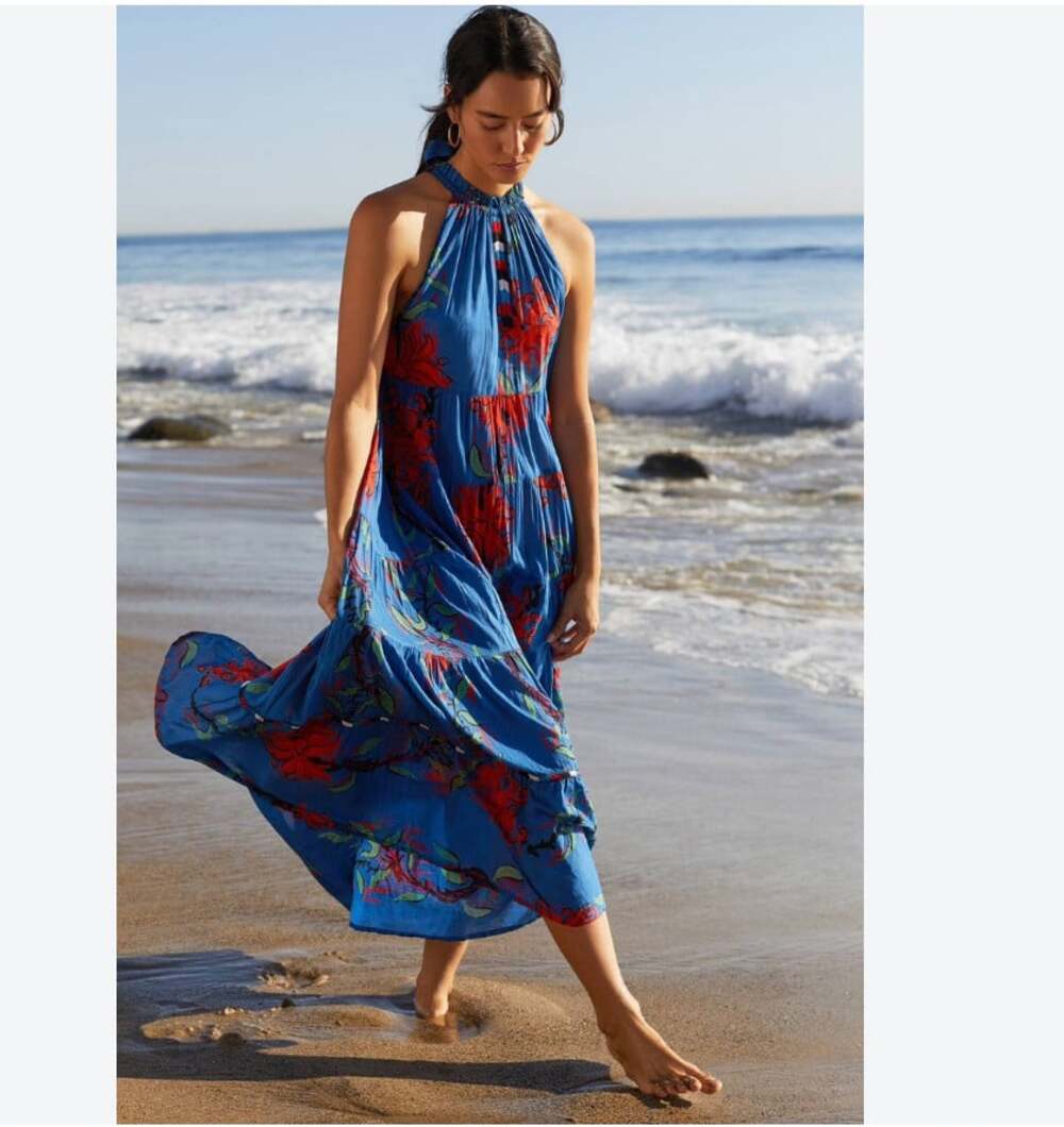 RO's Garden Valley Dress Womens XS Blue Floral Halter Maxi Tiered Sundress Boho